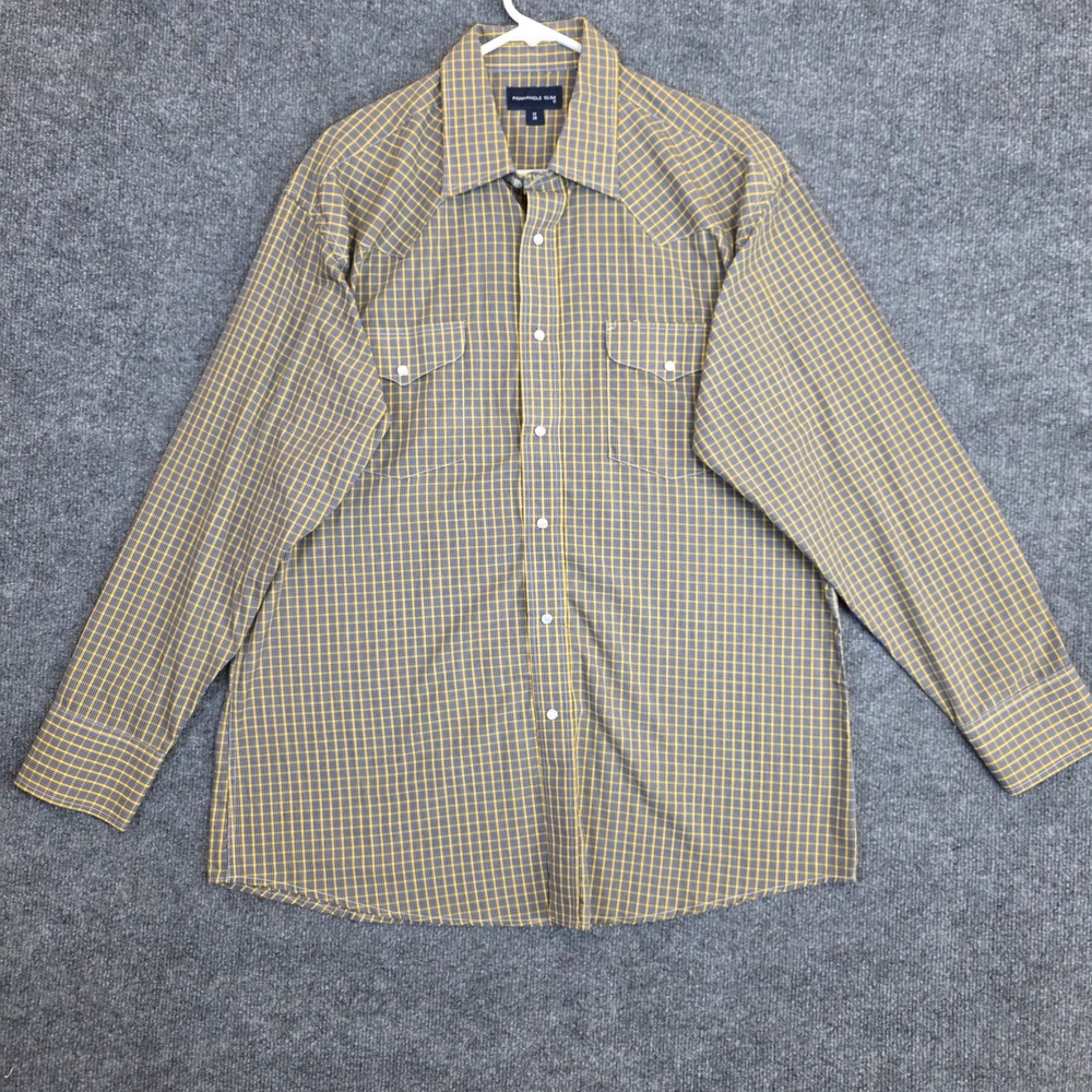 VTG  Panhandle Slim Western Shirt Mens 17/36 Yellow Plaid Pearl Snap Long Sleeve